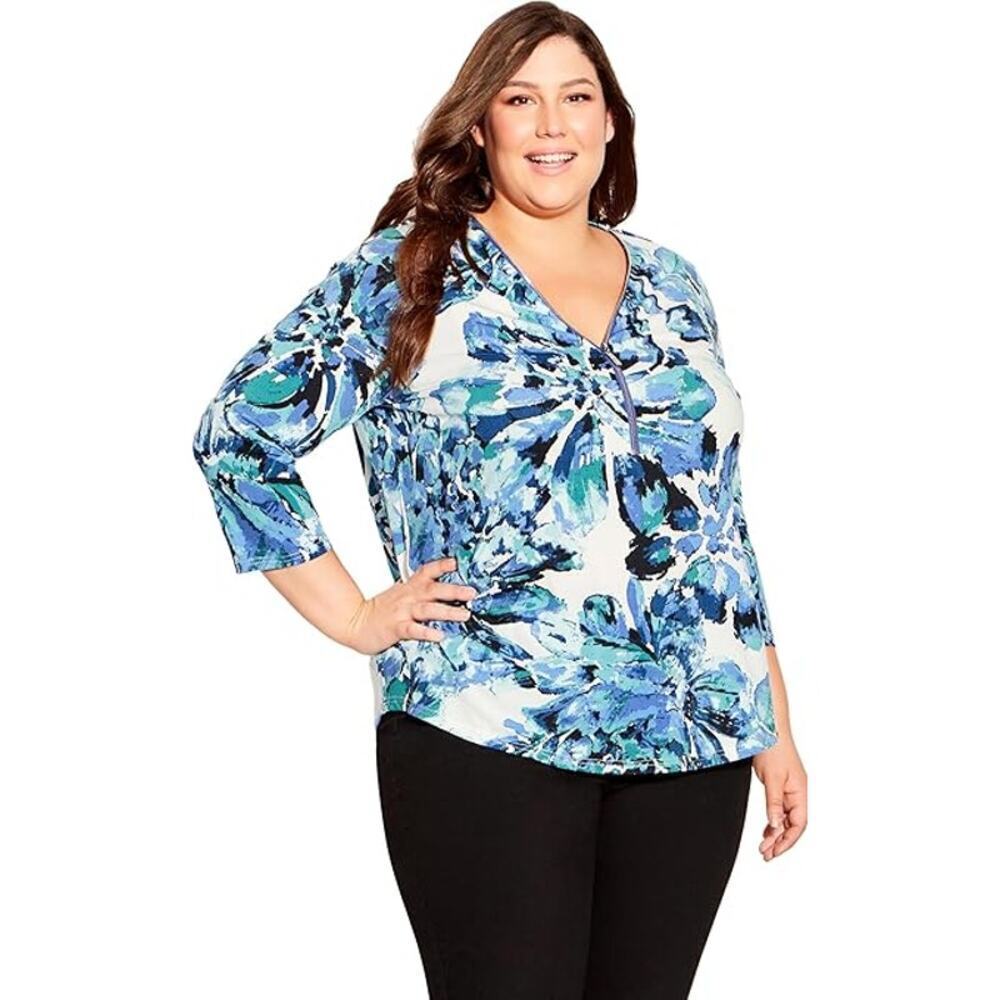 Evans Half Zip Top Blouse Floral Print 3/4 Sleeve Blue Womens Plus Size 26/28